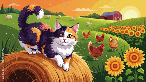 Cute calico farm cat on hay bale at sunset with chickens, sheep, sunflowers and red barn, colorful rural countryside illustration