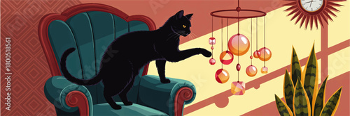Black cat on vintage armchair playing with hanging glass ornaments in warm sunlit mid century modern living room illustration