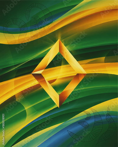 Abstract yellow prism on green and blue curved waves, modern geometric background for Brazil, technology, branding and poster design