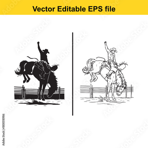 Cowboy riding a bucking horse in a rodeo, silhouette and line art illustration, isolated on