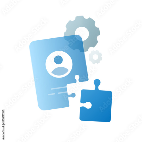 illustration of a user ID card with a puzzle piece cutout and gear icon, symbolizing complete profile, update personal data, account setup, and user information management