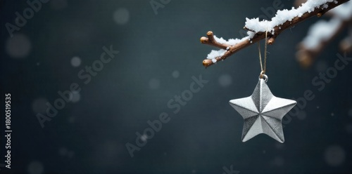 Silvery Star Ornament Hanging on a Bare, Snowy Twig, Winter Solitude Minimalist still life of a single, polished silver star ornament dangling from a bare, snow laden twig against a soft, out of focus