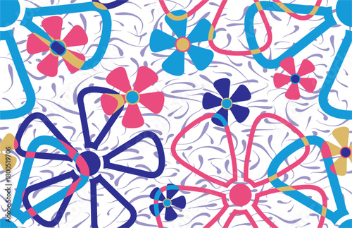 Seamless, editable floral pattern designed specifically for textiles. Vibrant pink, blue, and purple hues create a playful, modern fabric design with overlapping stylized colors.