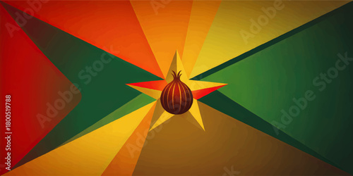 Abstract onion emblem on geometric star burst background in red, yellow, orange and green, modern vector food illustration