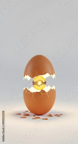 A golden egg with a shiny surface is shown emerging from a cracked eggshell, symbolizing new beginnings or unexpected opportunities in a minimalistic setting