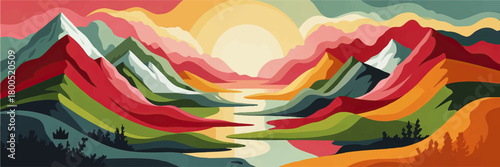 Colorful abstract mountain landscape with sunrise over valley river, geometric nature background illustration for banner or panoramic wall art