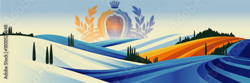 Colorful Tuscan landscape illustration with rolling hills, cypress trees and royal crest, abstract Italian countryside background art