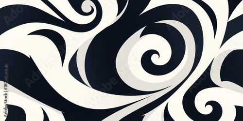 Abstract swirl pattern with black and white contrast forming curves and modern background. Bold flowing decorative graphic design element. Maori tribal inspired background