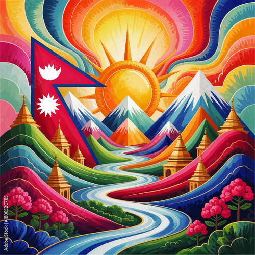 Vibrant Nepal landscape illustration with Himalaya mountains, sunrise, river, colorful hills, temples and Nepal flag abstract art