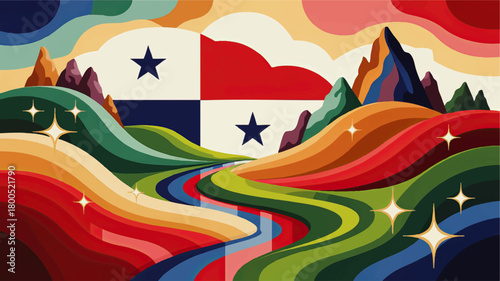 Colorful abstract Panama flag landscape with mountains, winding river and stars, modern vibrant travel art illustration