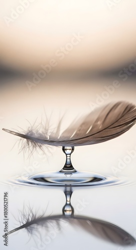 A delicate feather resting on a reflective surface with a blurred background, creating a serene and minimalist composition emphasizing lightness and tranquility