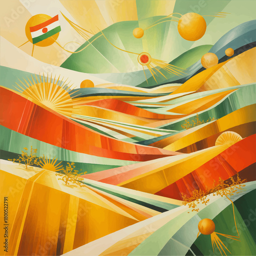 Vibrant abstract Niger landscape illustration with waving flag, colorful geometric desert hills, suns and cosmic orbits background