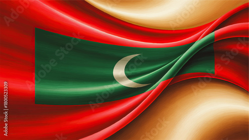 Abstract waving Maldives flag illustration with golden textured background, elegant 3D silk fabric folds and patriotic crescent design