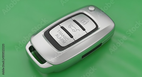A close-up view of a modern car key fob with buttons for lock, unlock, trunk, and a panic alarm, placed on a vibrant green background