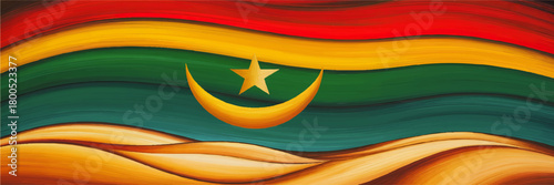 Mauritania flag abstract painting with golden crescent and star over desert dunes, colorful horizontal brush stroke background illustration
