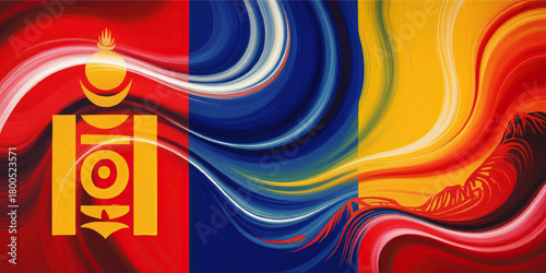 Mongolia flag abstract painting with soyombo symbol, colorful red blue yellow fluid waves, modern national background art
