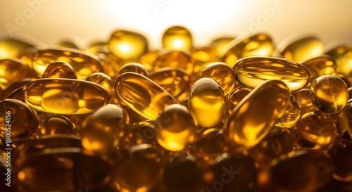 A macro shot of a pile of golden, translucent softgel capsules glowing with a warm backlight.