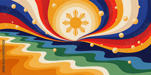 Vibrant abstract Philippine sun illustration with colorful waves, pearls and retro curved lines for cultural festival design