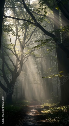 Sunlight filtering through the dense canopy of a lush forest creating a serene and mystical atmosphere with rays of light illuminating the pathway