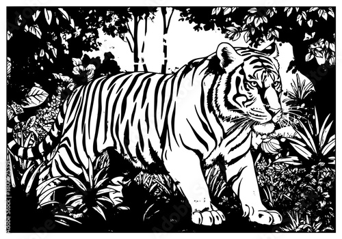 Wallpaper Mural Detailed Handdrawn Jungle Tiger Silhouette with Dense Foliage Illustration Torontodigital.ca