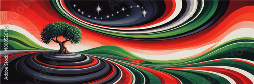 Surreal colorful landscape with lone tree, swirling red green hills and cosmic night sky with glowing stars, abstract fantasy art