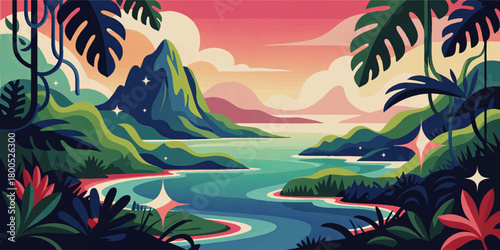 Tropical fantasy landscape illustration with vibrant sunset sky, river lagoon, lush jungle mountains and dreamy colorful nature background
