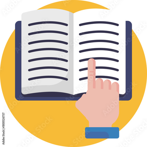 Hand pointing to an open book, emphasizing literacy or educational attention.
