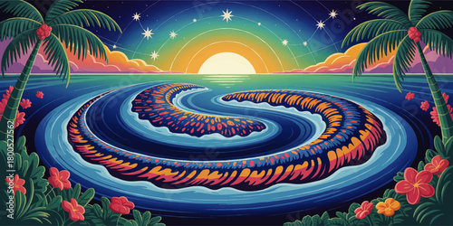 Vibrant tropical sunset beach with yin yang ocean waves, palm trees, stars and colorful floral paradise, psychedelic vector art