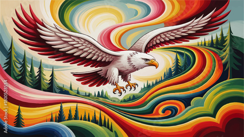 Majestic eagle in flight over colorful abstract forest landscape, vibrant psychedelic sunrise sky, bold swirling rainbow illustration