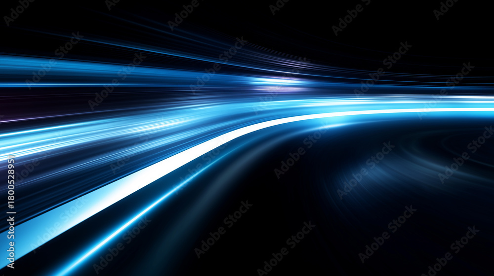 Fototapeta premium Dynamic blue light speed streak background visualizing high velocity, fiber optics, or data flow. Use for technology, telecommunications, cyberspace, future innovation, or fast transportation concepts