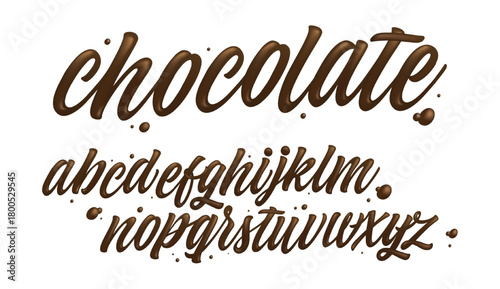Latin alphabet made of dark melted chocolate with border. Sweet food packaging font. Liquid font style. Vector illustration.	