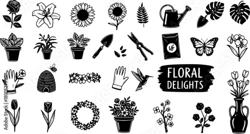 Floral Delights: Hand-Drawn Gardening Icons Vector Set