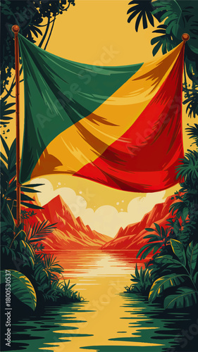 African landscape illustration with waving tricolor national flag over tropical lake, sunset mountains and lush jungle foliage