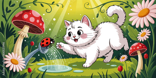 Cute white kitten playing with ladybug in magical forest, cartoon vector illustration for kids, fairy tale nature background design