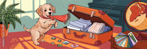Cute golden retriever puppy packing suitcase for vacation, playful dog with scarf helping prepare travel in cozy home interior illustration