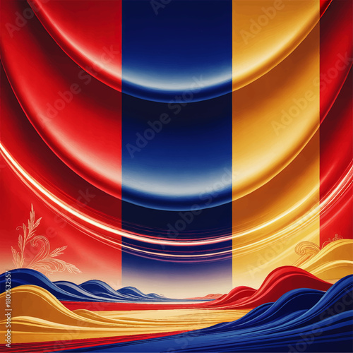Abstract Romanian flag landscape, red blue yellow waves and curved lines, patriotic modern background illustration for national celebrations
