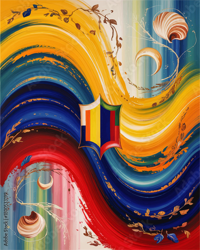 Abstract colorful Romanian flag waves with shield emblem, flowing paint strokes, seashells and golden leaves background illustration