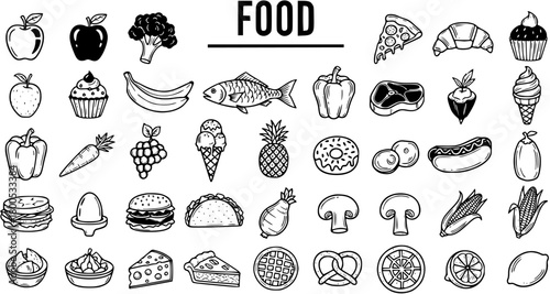 Hand-drawn outline food icons set: fruits, vegetables, desserts, snacks, and savory dishes for menu design
