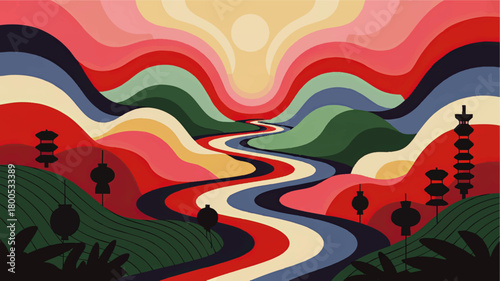 Vibrant abstract landscape with winding river, colorful mountains and pagoda silhouettes at sunset, modern Asian style illustration