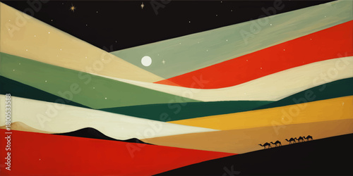 Abstract desert landscape with camel caravan under night sky, colorful geometric sand dunes, modern minimalist illustration art