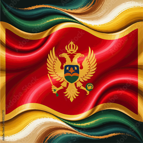 Waving Montenegro Flag Illustration with Golden Coat of Arms, Abstract Brush Stroke Background, Patriotic Balkan Vector Art Design