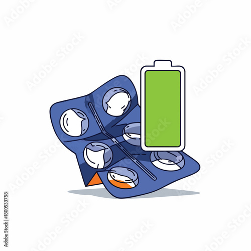 A clear visual metaphor showing a pill blister pack next to a full battery, representing renewed energy, health, and vitality from medication or supplements.