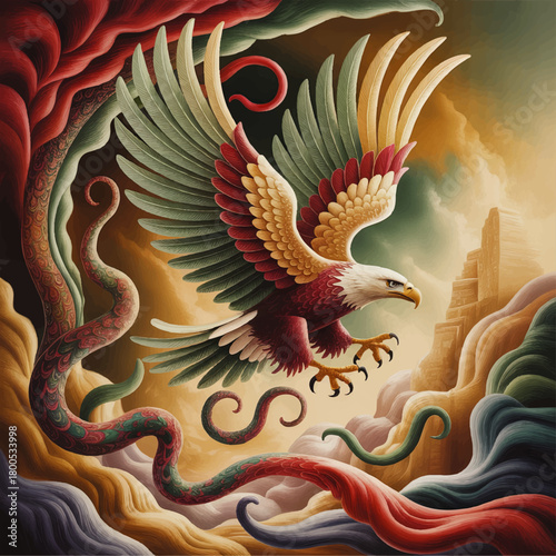 Majestic eagle fighting serpents in surreal fantasy landscape, colorful mythic bird illustration, dramatic wings, heroic concept art