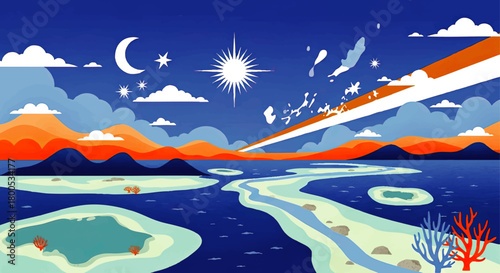 Surreal coastal landscape illustration with river delta, coral reefs, orange mountains, night sky moon and sun over blue ocean scenery
