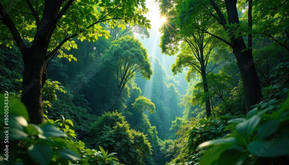 Obraz premium Emerald Green Rainforest Canopy A dense emerald green rainforest canopy, with sunlight filtering through the leaves. No animals or people. Lush green canopy