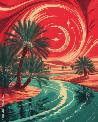 Fantasy desert oasis with crescent moon and stars over palm trees and turquoise river, mystical Islamic night illustration