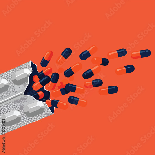 Vibrant orange and dark blue pharmaceutical capsules dynamically spill from a silver blister pack against a bold orange background, illustrating modern medicine, health, and treatment.