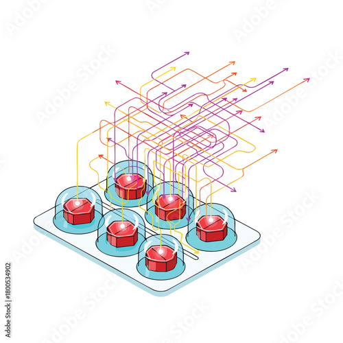Isometric illustration of a modular system with interconnected components, dynamic lines symbolizing data flow, networking, and digital processing.