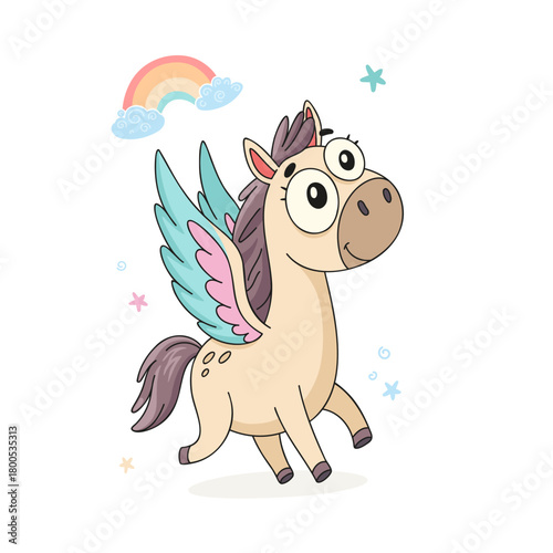 Cute cartoon pegasus with wings and large expressive eyes prancing happily against a white background with small rainbow and stars. Vector illustration for kids’ books, nursery prints, stickers, cards