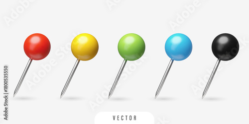 3D round plastic pin icon set. Isolated vector elements. Red, yellow, green, blue, black colours